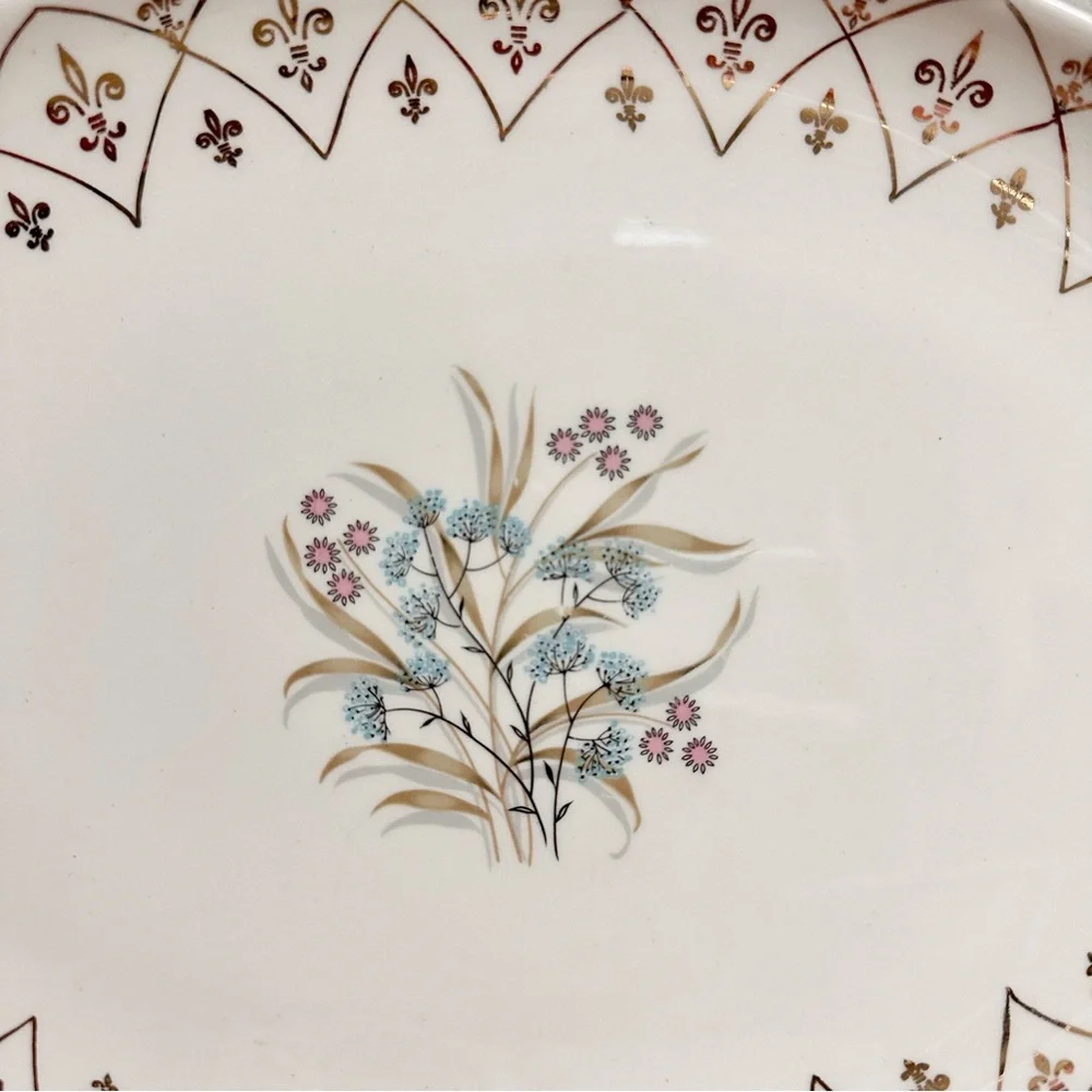 Vintage Floral Thistle Pattern Oval Serving Platter with Gold Fleur des Lis Rim